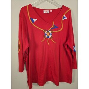 Quacker Factory‎ Red Nautical Beaded V-Neck Top Size 2X 3/4 Sleeve Cotton QVC